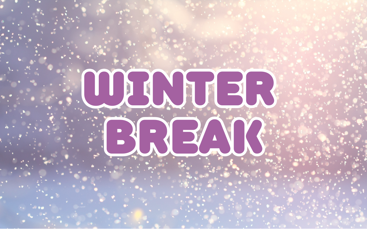 banner that says winter break with snow in the background